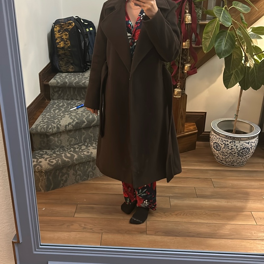 H&M winter tie coat chocolate brown small